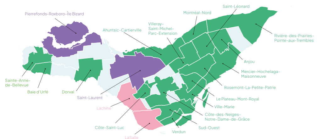 Carte des arrondissements et villes liées de Montréal participant en 2026